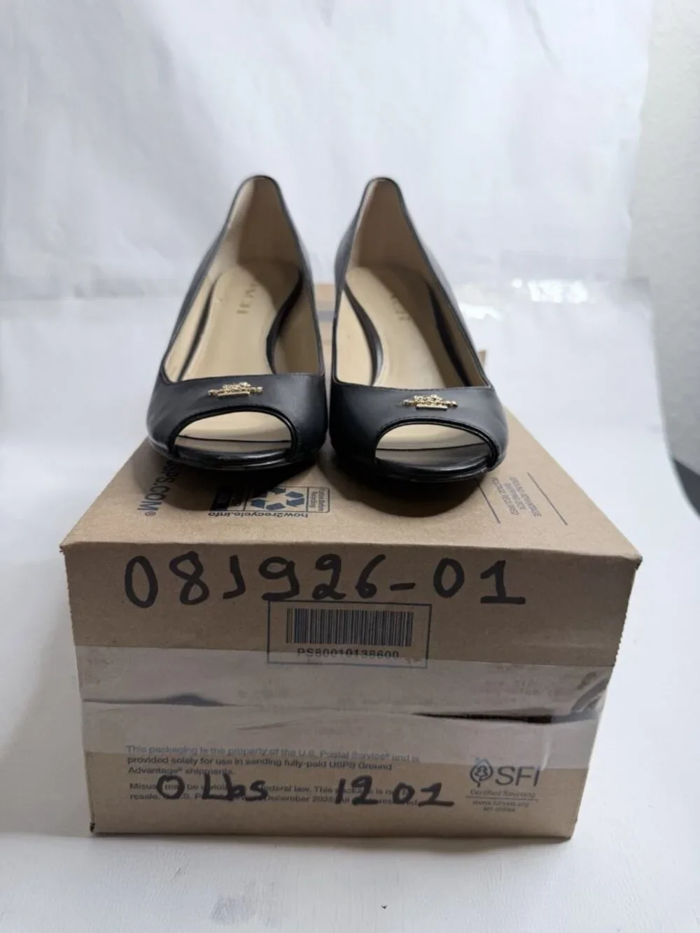 Coach Black Leather Peep Toe Wedge Heels Gold Badge Women’s Sz 7B